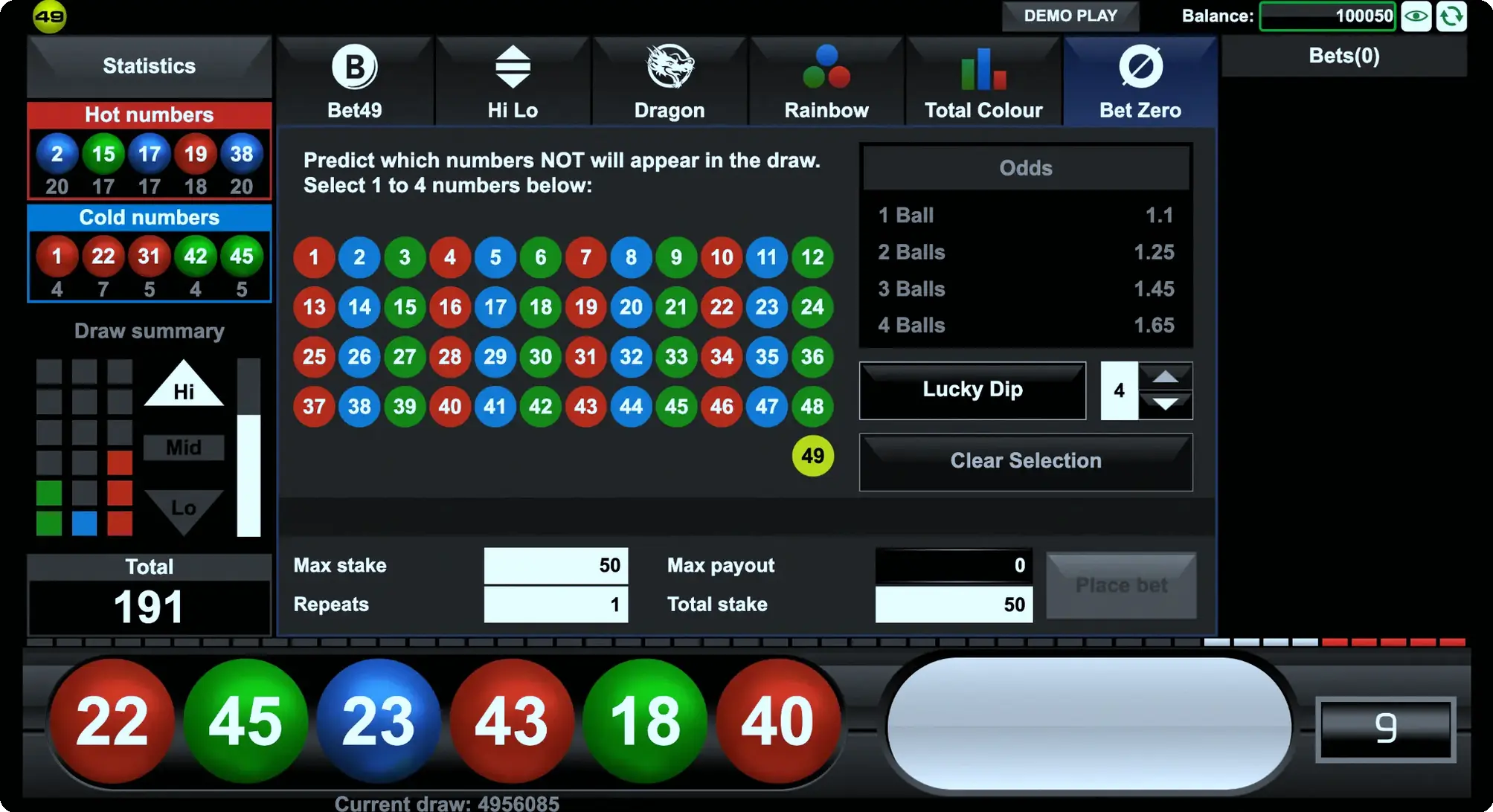 Selecting numbers that will not be drawn in a 49ja Bet Zero game