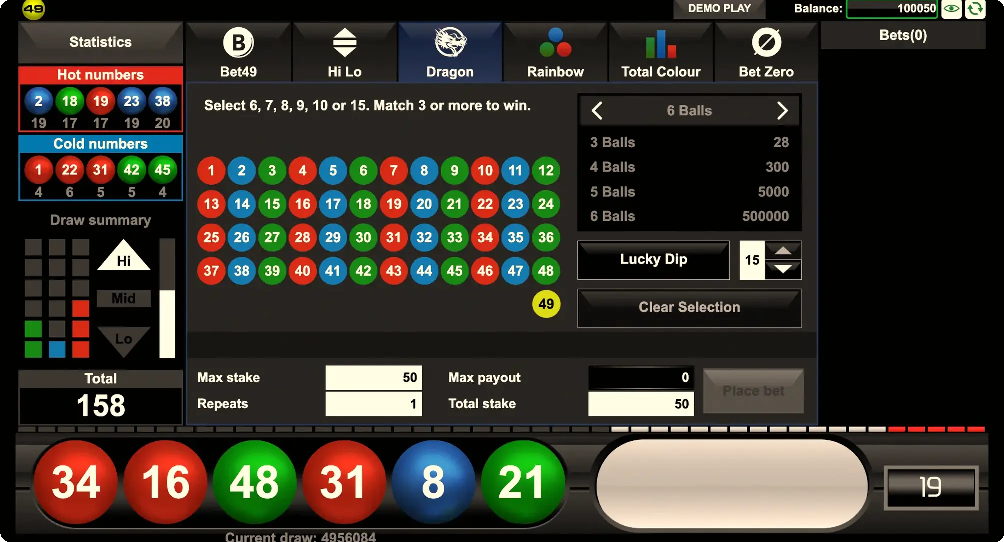 User interface for selecting numbers in a 49ja Dragon bet