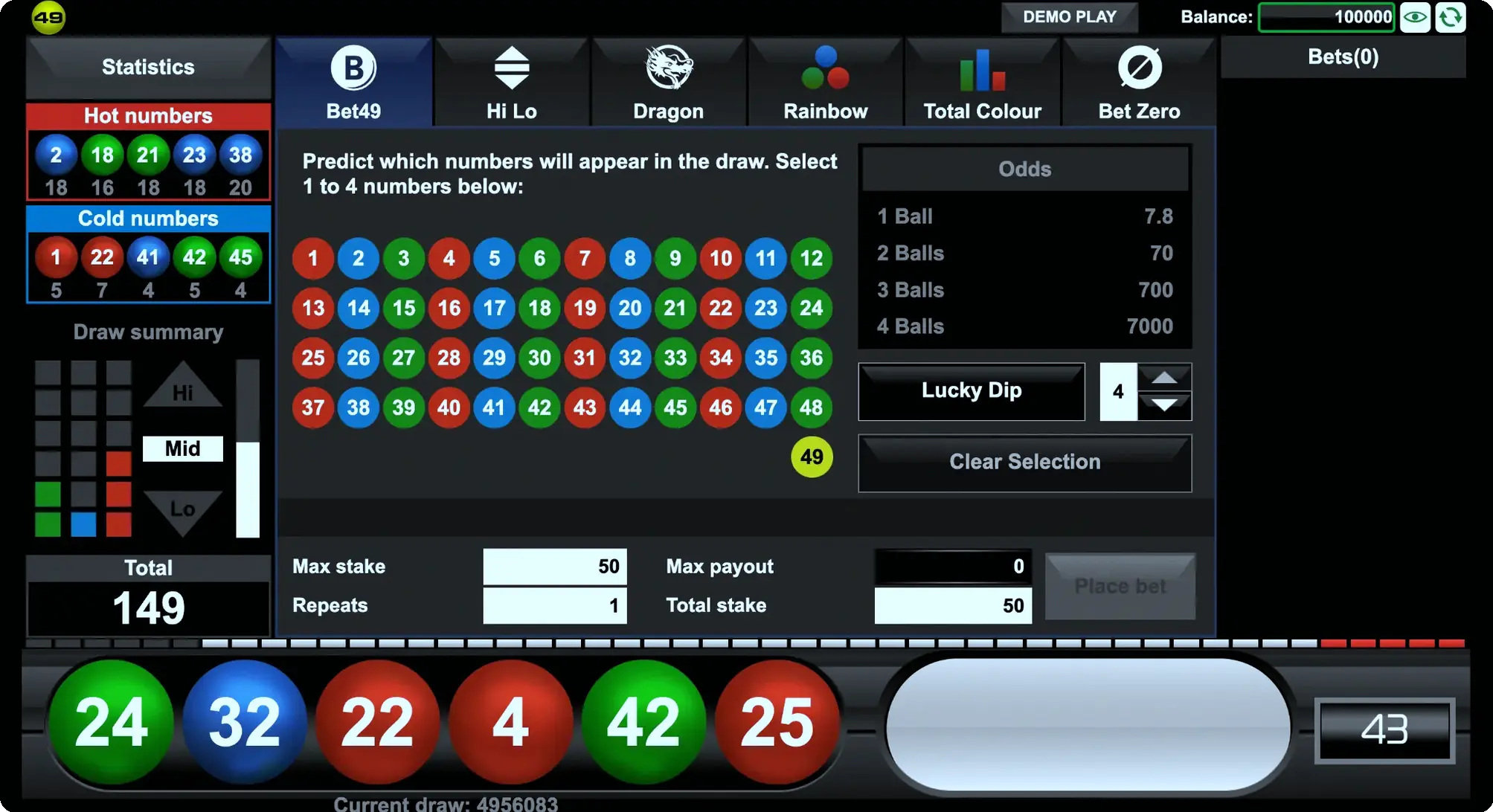 The primary game screen of 49ja showcasing the number grid and betting options